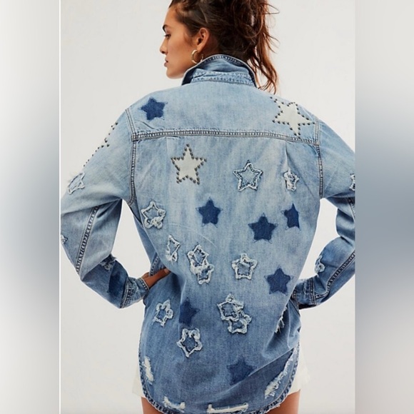 NWT Free People One Teaspoon Everyday Denim Classic Star Shirt XS Johnny Blue - Picture 3 of 10
